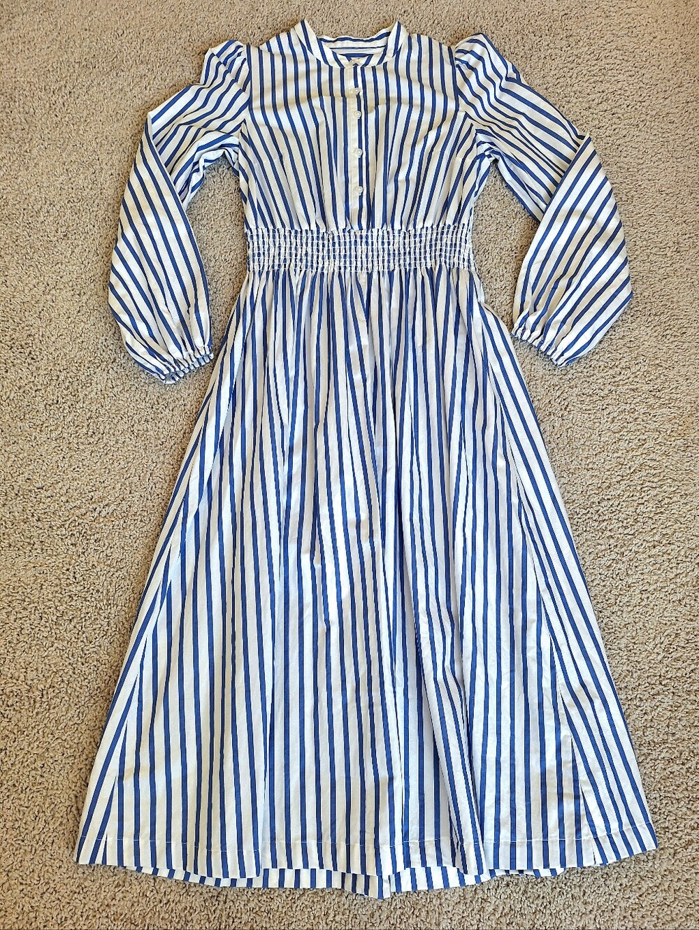 Boden Women's Blue White Striped Cotton Smocked Waist Button Front Shirt Dress 4 - Picture 6 of 13